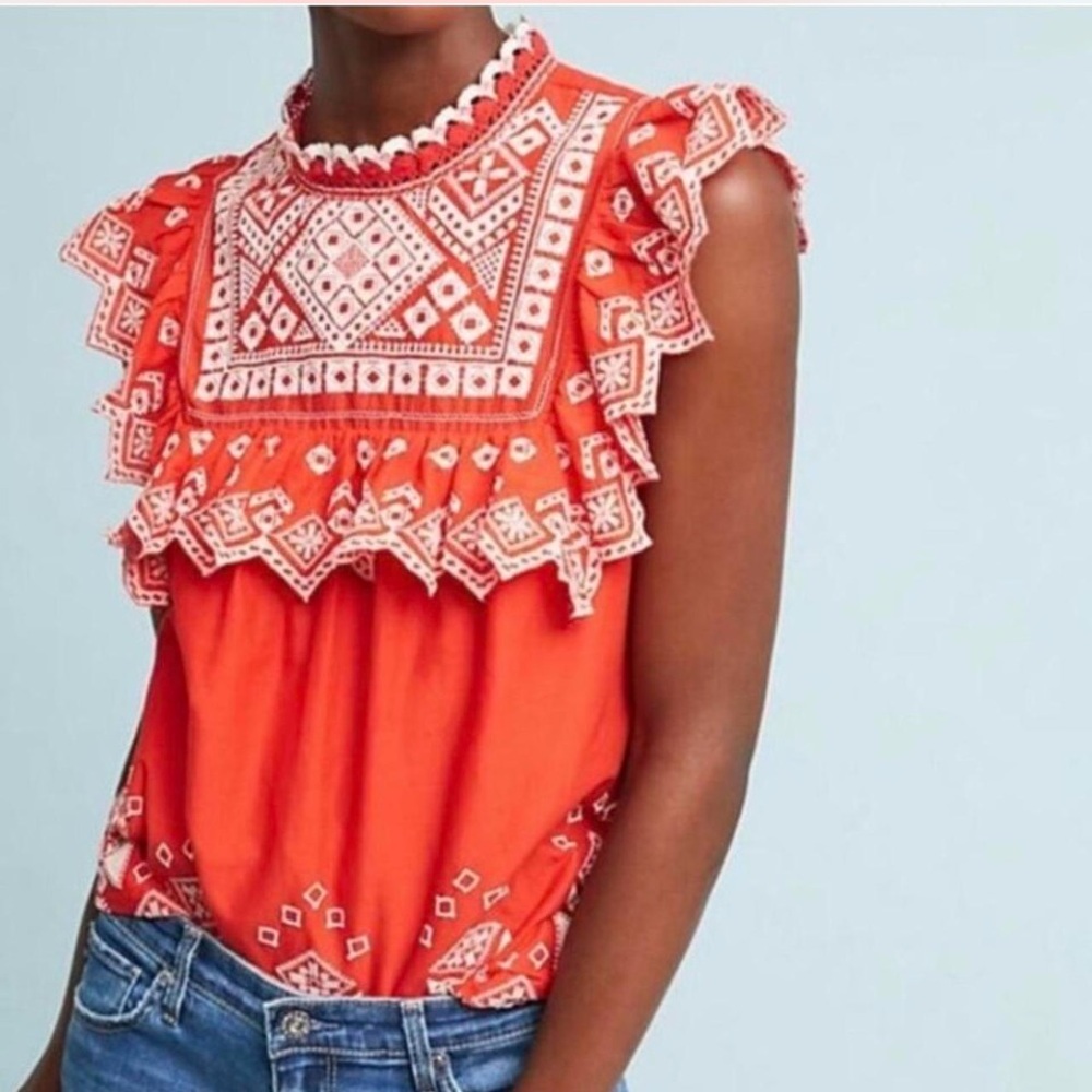 Anthropologie Orange Flutter Sleeve Blouse with Ruffled Bib Collar